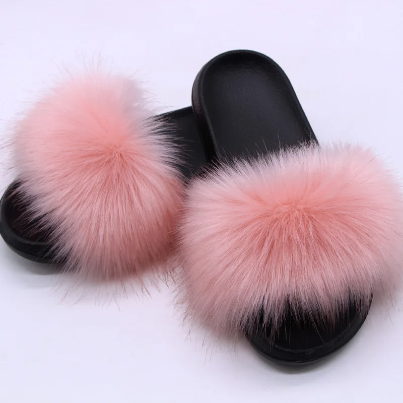 Damen Kunstfell-Slipper Flauschige Offene Pantoffeln für Drinnen und Draußen Lässige Flache Sandalen Luxuriöse Pelzige Slides für Damen – Detail 5