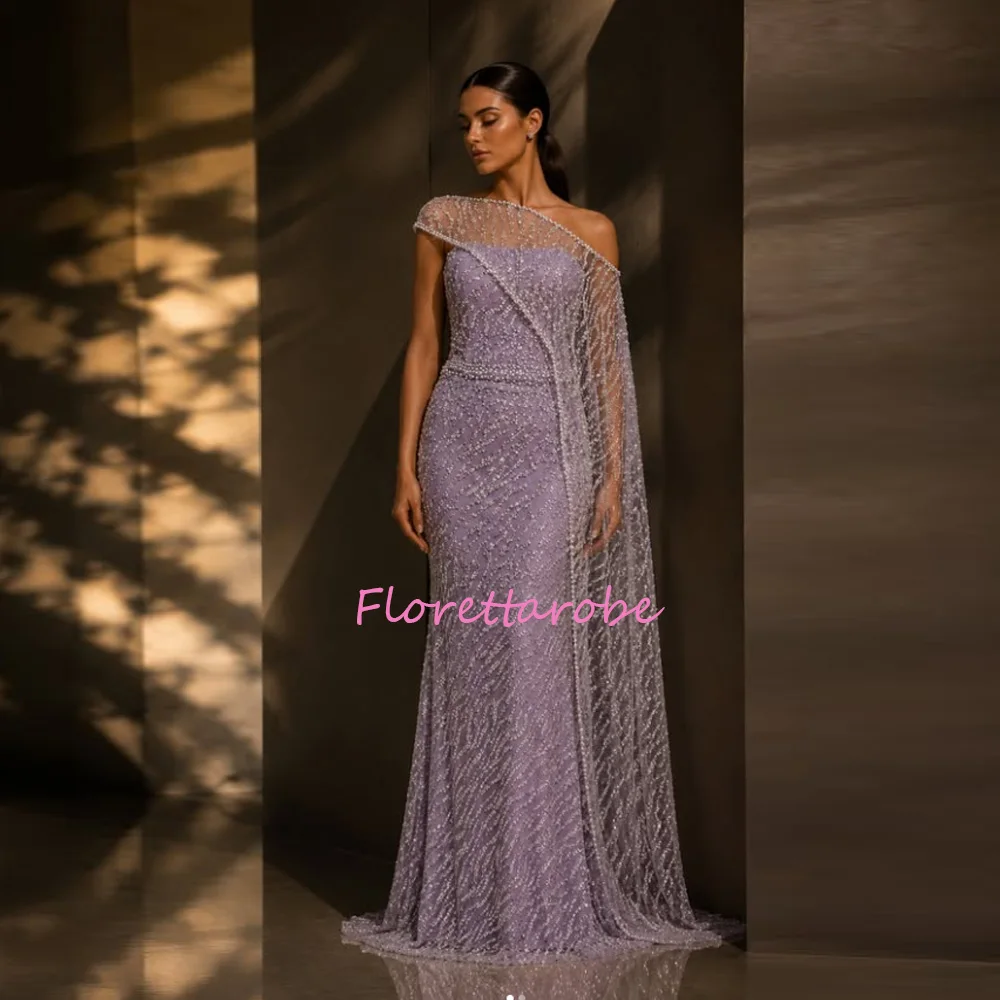 

Luxury Evening Dress Customized One Shoulder Long Sleeve Sequined Beads Sweep Train Pageant Prom Gown