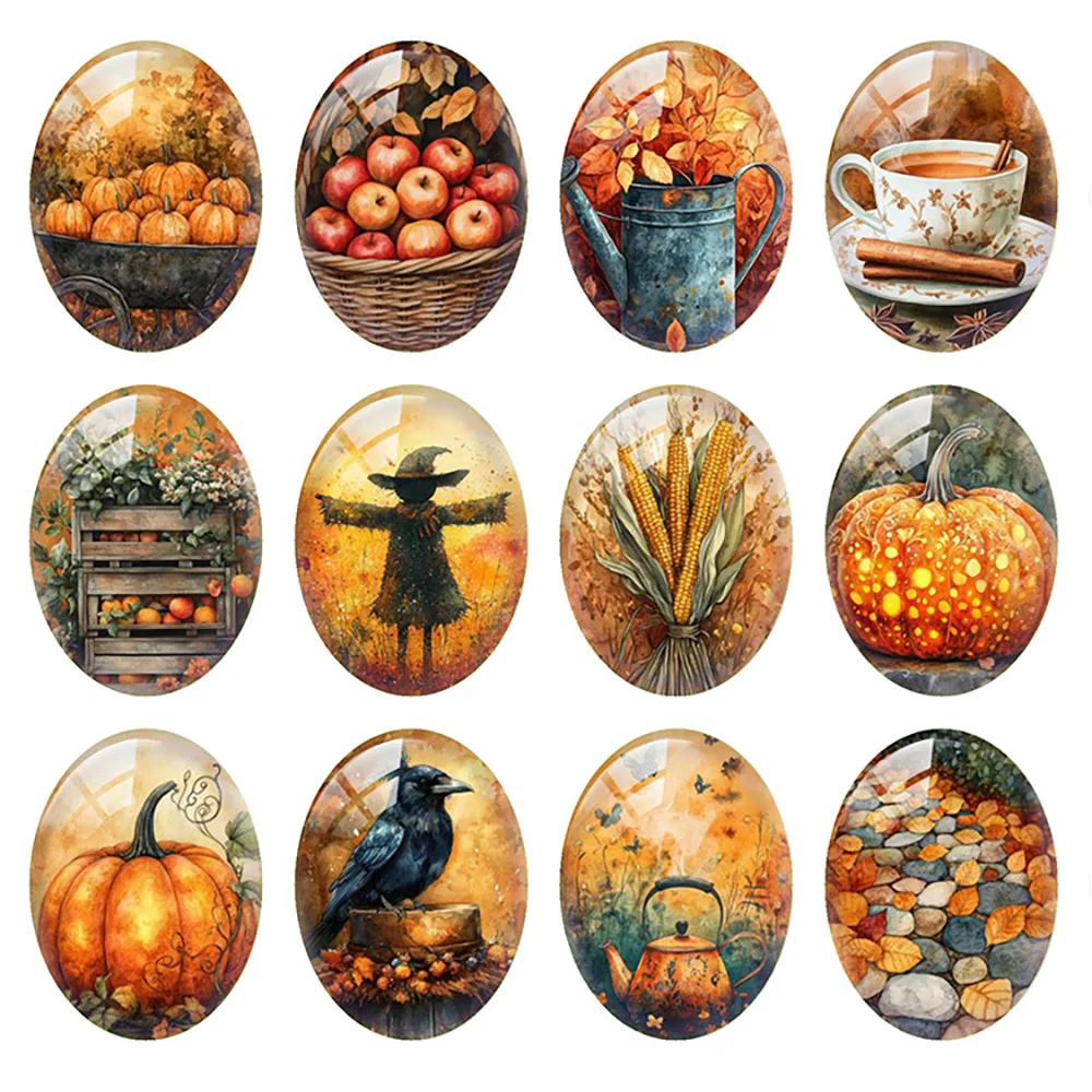 

10pcs/lot Halloween Autumn Fall Sunflower Scarecrow Crow Corn Oval Photo Glass Cabochon Flatback Demo Cameo Diy Jewelry Making