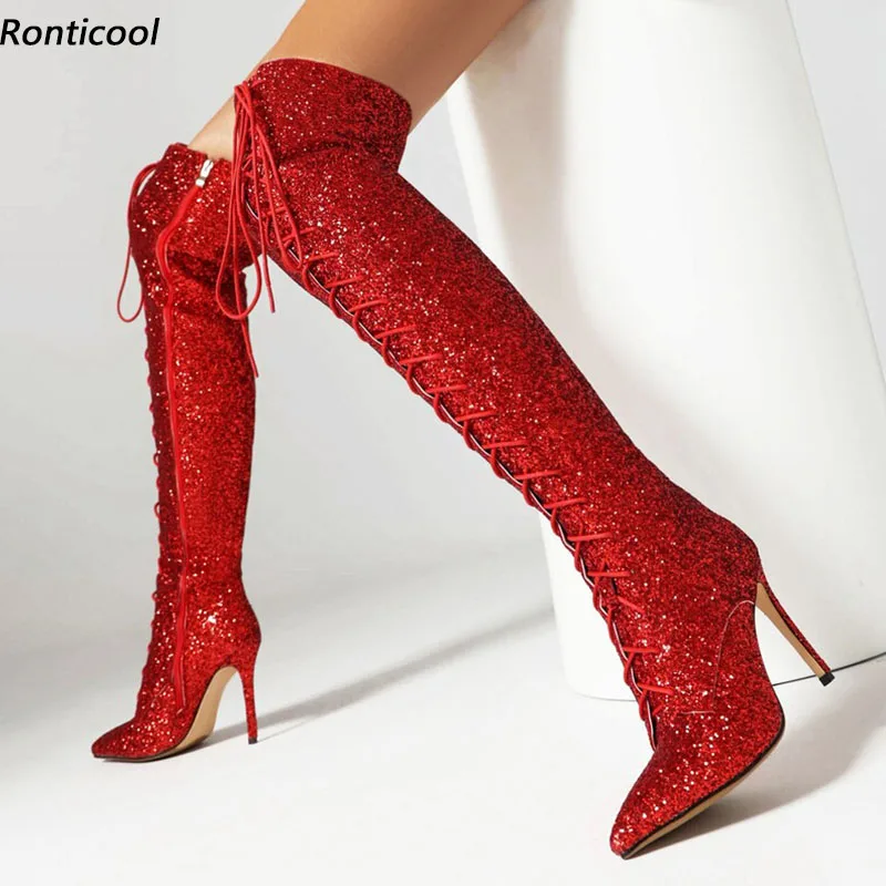 

Ronticool New Fashion Women Winter Over The Knee Boots Thin High Heels Pointed Toe Red Gold Black Party Shoes US Plus Size 3-16