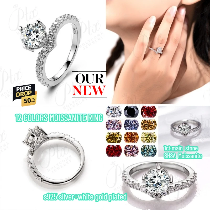

1CT 925 Sterling Sliver 8H8A Moissanite Ring 12 Colors Round Fine Jewelry Birth Stones Wedding Gift Women Ring 925 Silver Ring