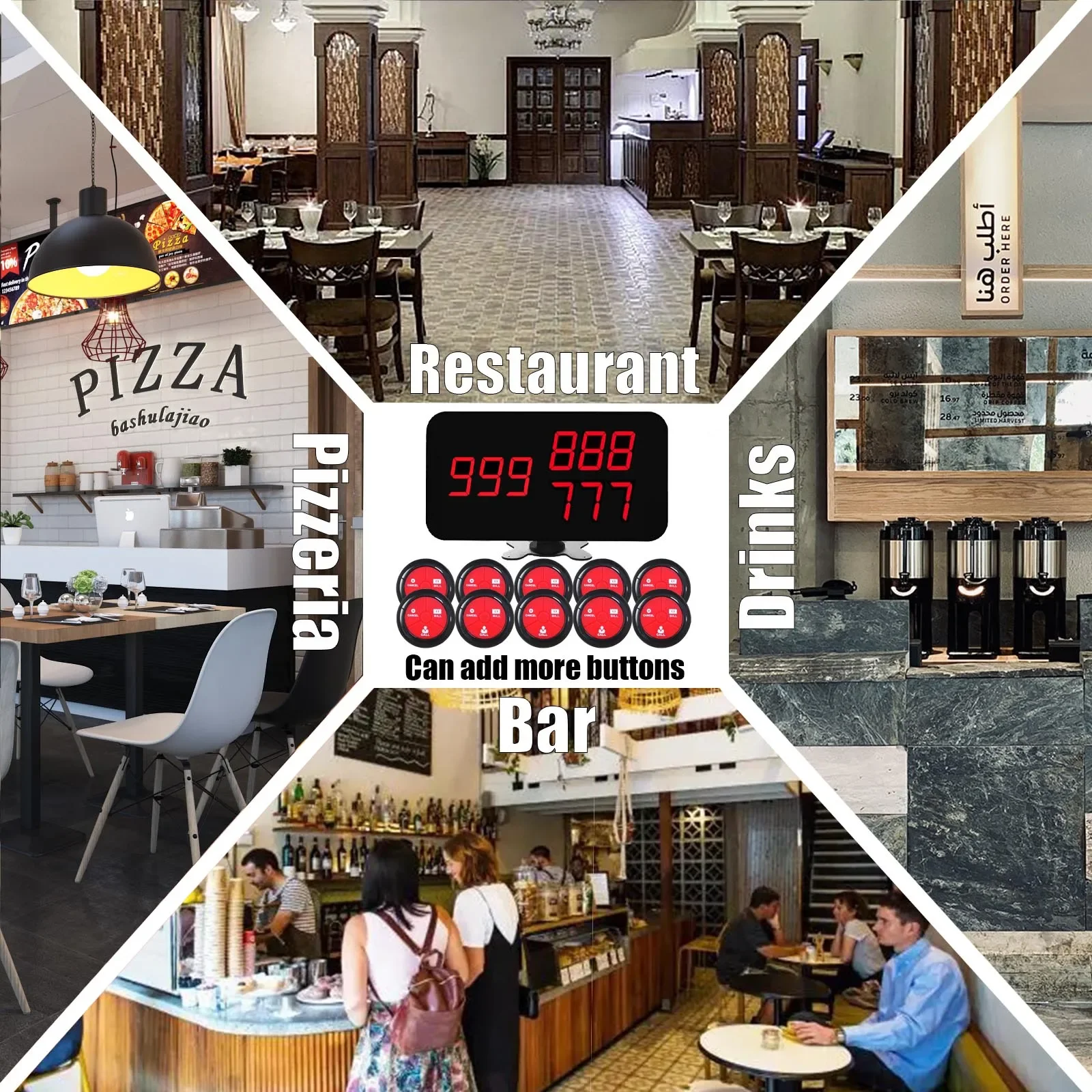 Ycall KOQI Restaurant Waiter Call System 3-Digit Number Display Host Receiver 10 Hookah Call Bell Button Voice Monitoring Pager