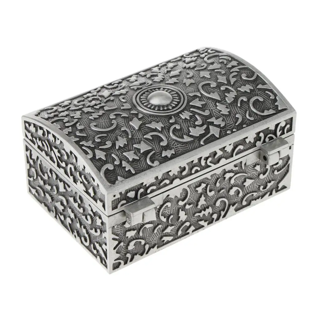 Metal Vintage Jewelry Box Rectangle Zinc Alloy Trinket Treasure Chest Ring Earrings Gold Coin Case Storage Organizer