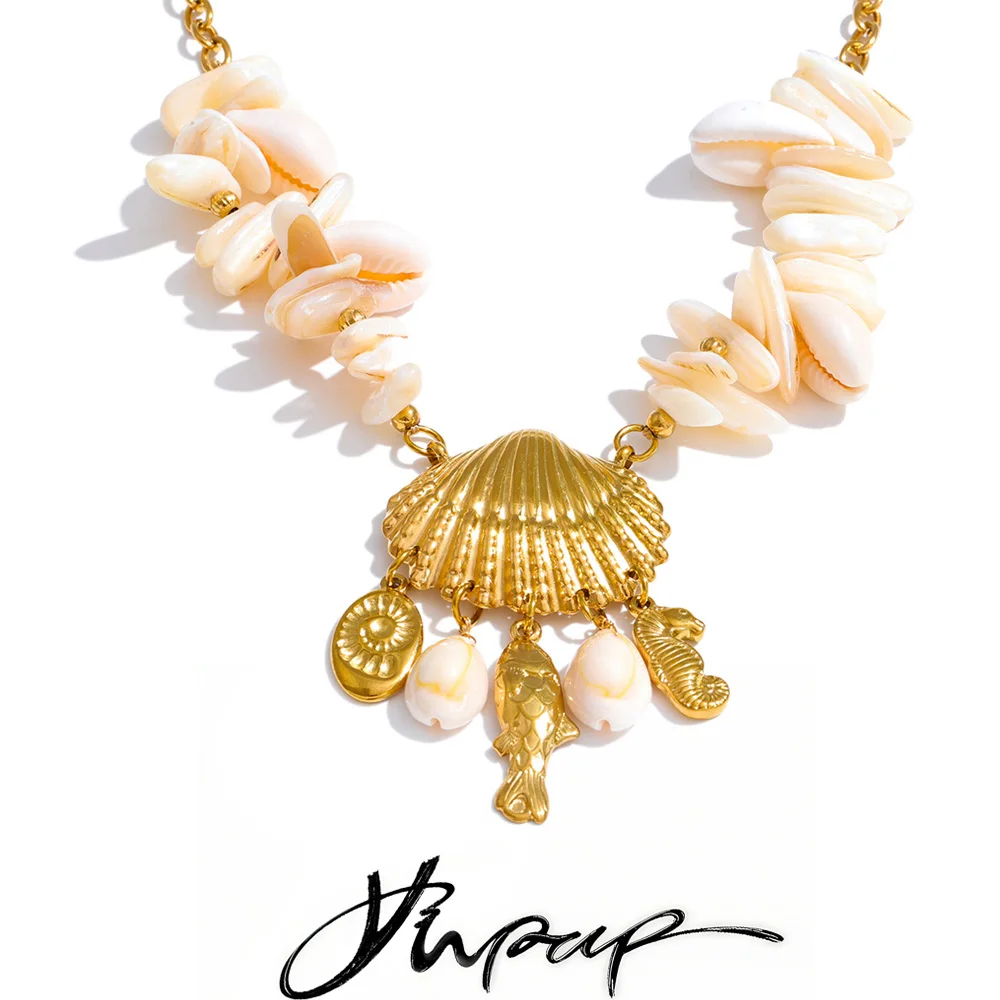 Yhpup Ocean Style Stainless Steel Natural Shell With Seahorse Fish Pendant Necklace Charms Summer Handmade Statement Jewelry