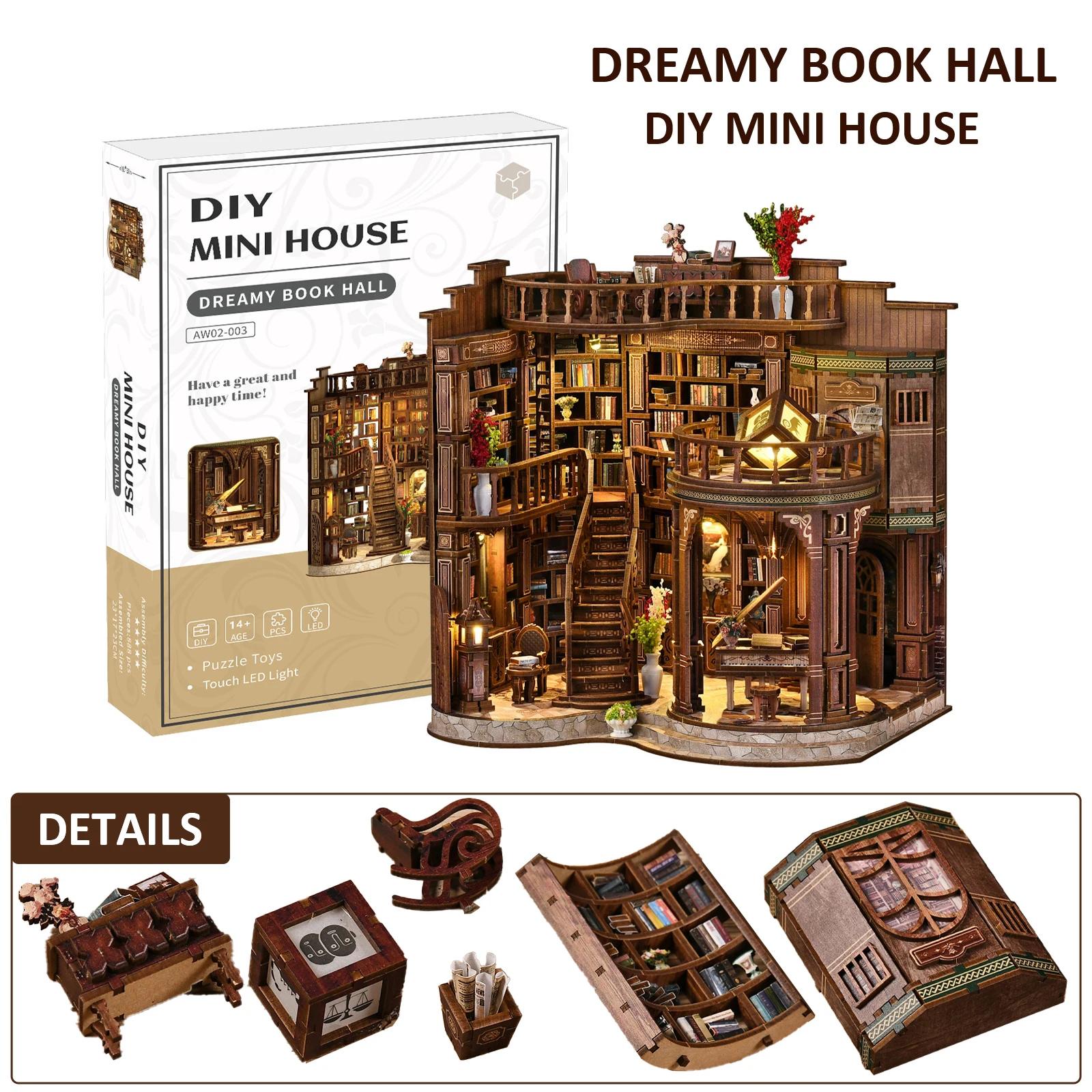 Zestaw do samodzielnego montażu drewnianego mini domku z książek, drewniane puzzle 3D, zestaw do rękodzieła, zabawki do budowania, dekoracja na półkę z książkami, zabawki dla dzieci