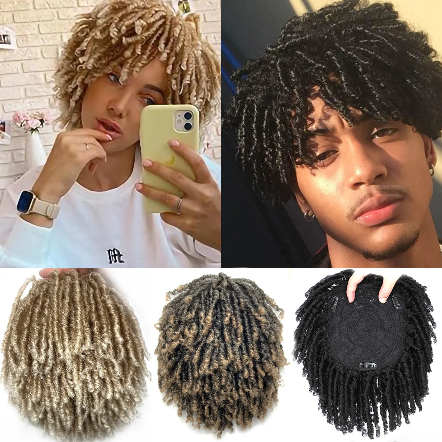 6 Inch Afro Dreadlock Hair Toppers Hair Pieces Synthetic Kinky Curly Wig One Piece Dreads Toupee Clip Hair for Women And Men