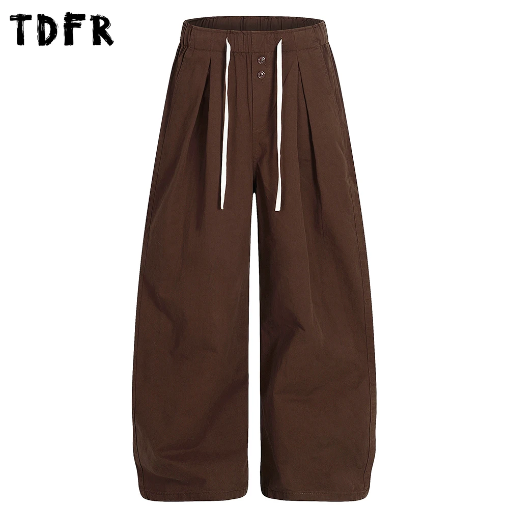 SolidColor Casual Pants Mens Pleated Retro Simple Drawstring Elastic Waist Wide Leg Baggy Trousers Man