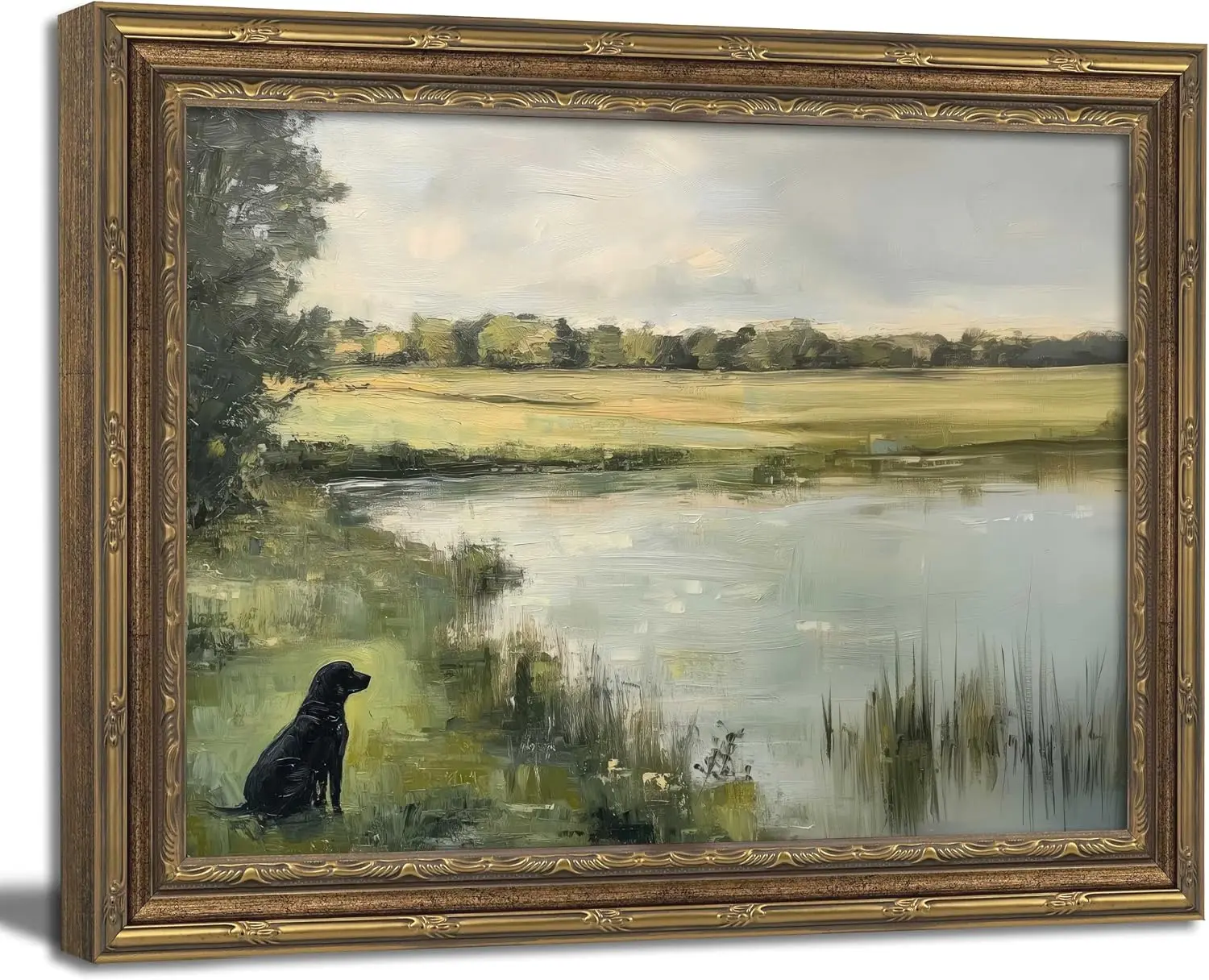 Vintage Framed Black Labrador Dog Landscape Wall Art, Retro Country Lake Oil Painting Print for Living Room Home Decor
