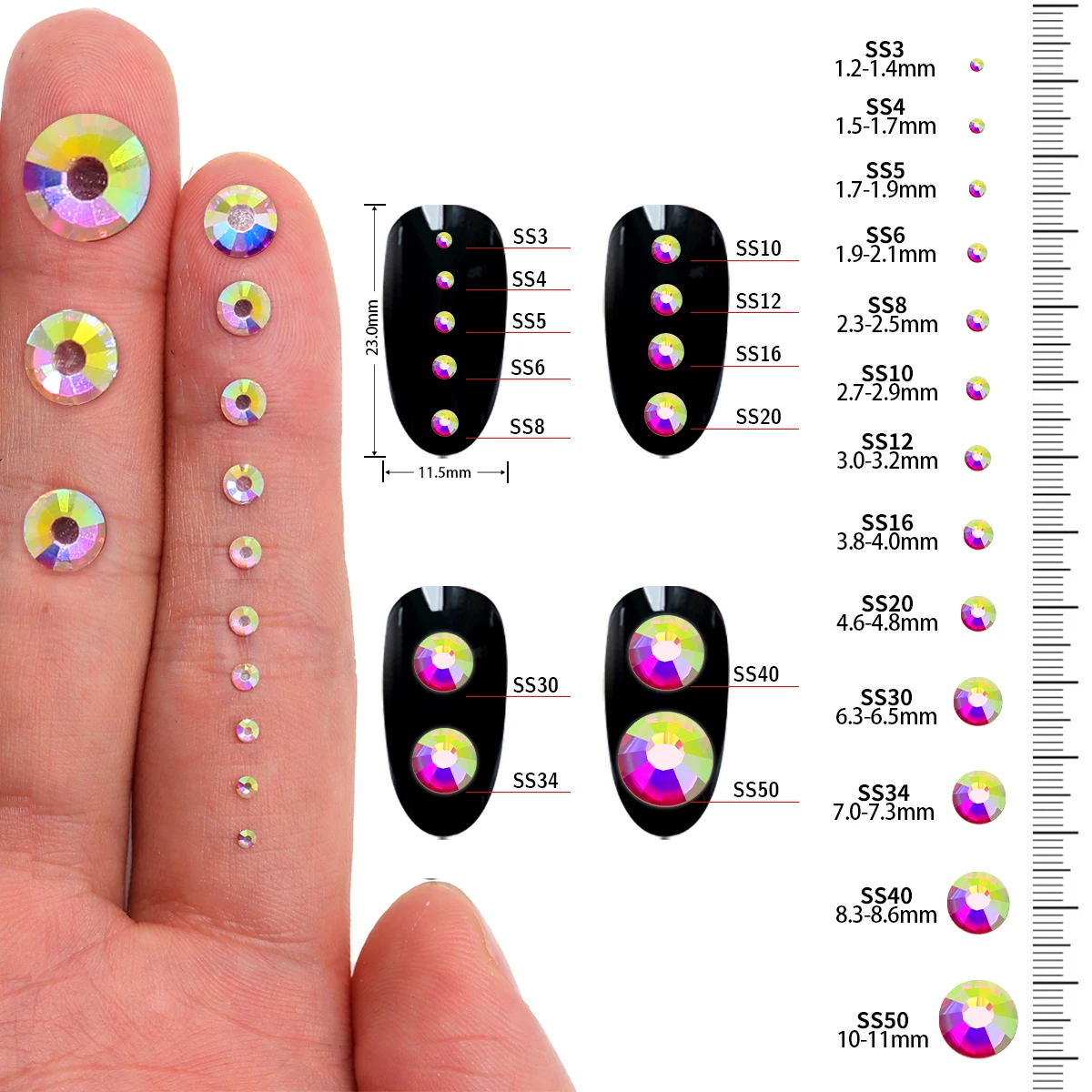 Alle maten SS3-SS60 zwarte diamant glas plaksteen strass hoge kwaliteit ronde zilveren basis grijze lijm op stenen voor doe-het-zelf nagels kunst