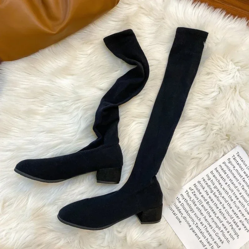 Women\'s Over The knee Sock Boots knitting Sock Boots Pointed Toe Elustic Slim Female Thigh High Boots Tlat Botus De Mujer Shoes