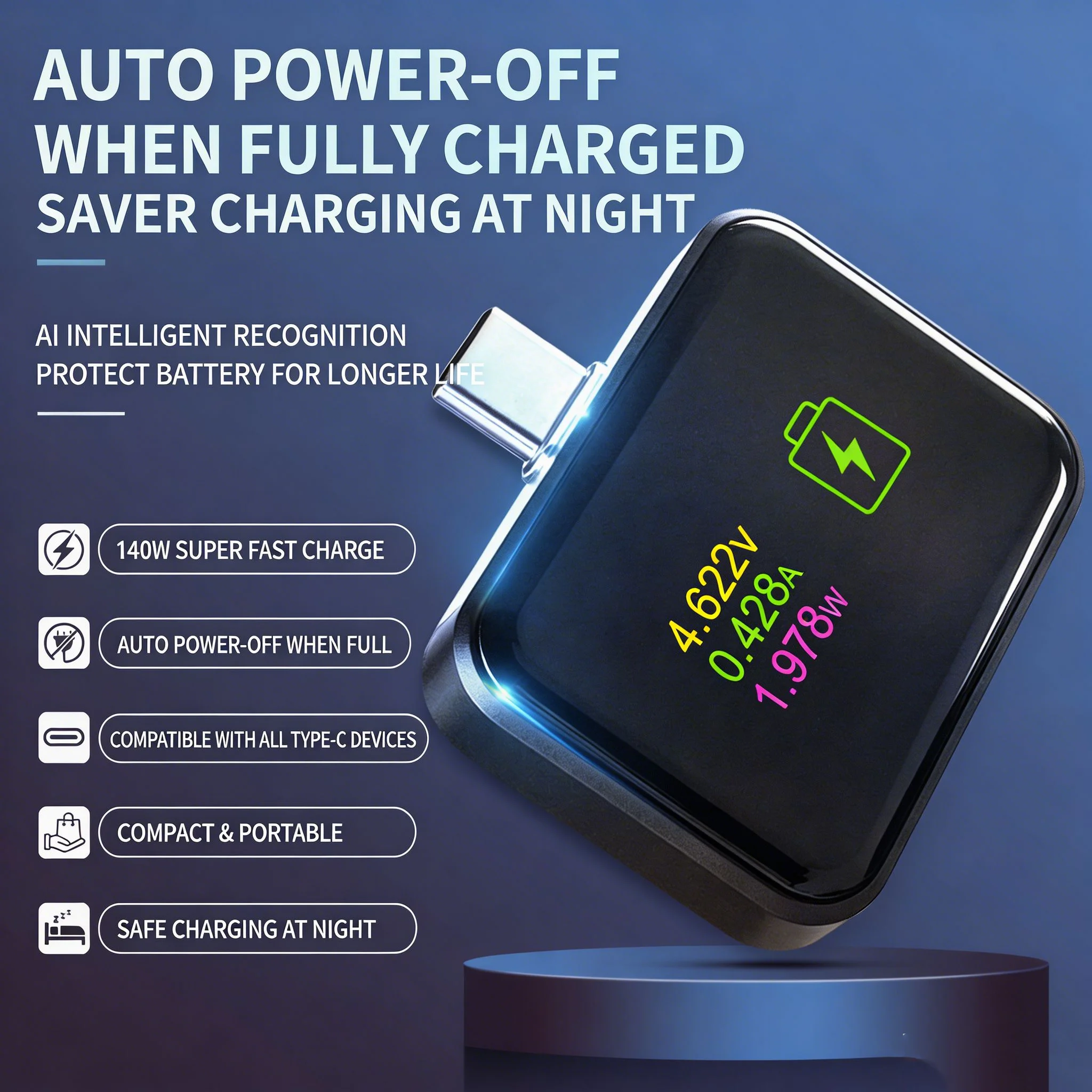 KEBIDUMEI 140W Smart Auto Stop Charging Adapter Type C Full Charge Disconnect Protector Overcharge Protection for Phone Laptop