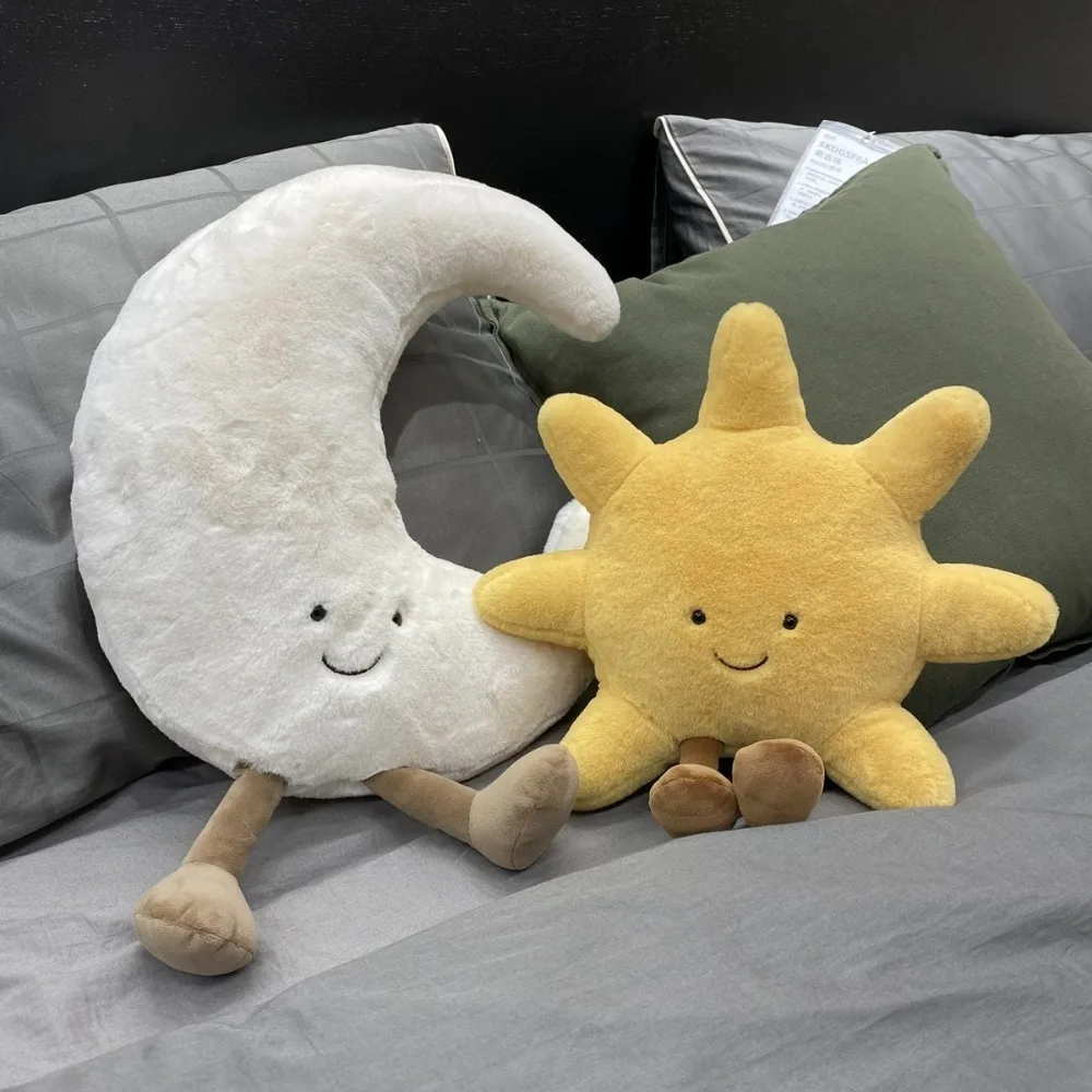 Adorable 35/48CM Plush Toy White Moon Yellow Sun Smile Face Stuffed Toys Cute Cartoon Sofa Throw Pillow for Kids Bedroom