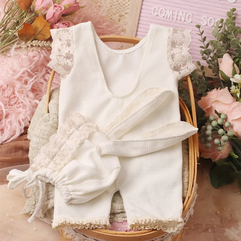 Newborn Photo Shooting Outfit Props Baby Cute Crochet Lace Knitting Rabbit Ear Hair Band+Romper Photography Fotografie Clothing