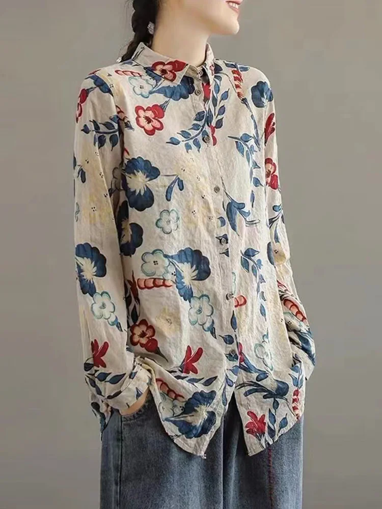 Retro stampa floreale lino lungo Sve irt sciolto casual cotone lino donna Faion coreano giapponese Sle button up irt
