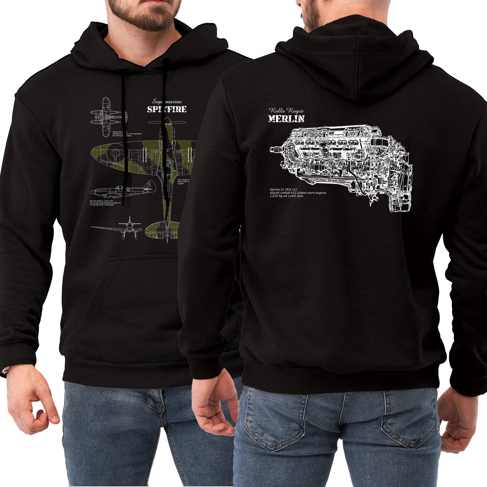 British Merlin Aero Engine Supermarine Spitfire Fighter Pullover Hoodie 100% Cotton Casual Mens Sweatshirts Aviation Streetwear