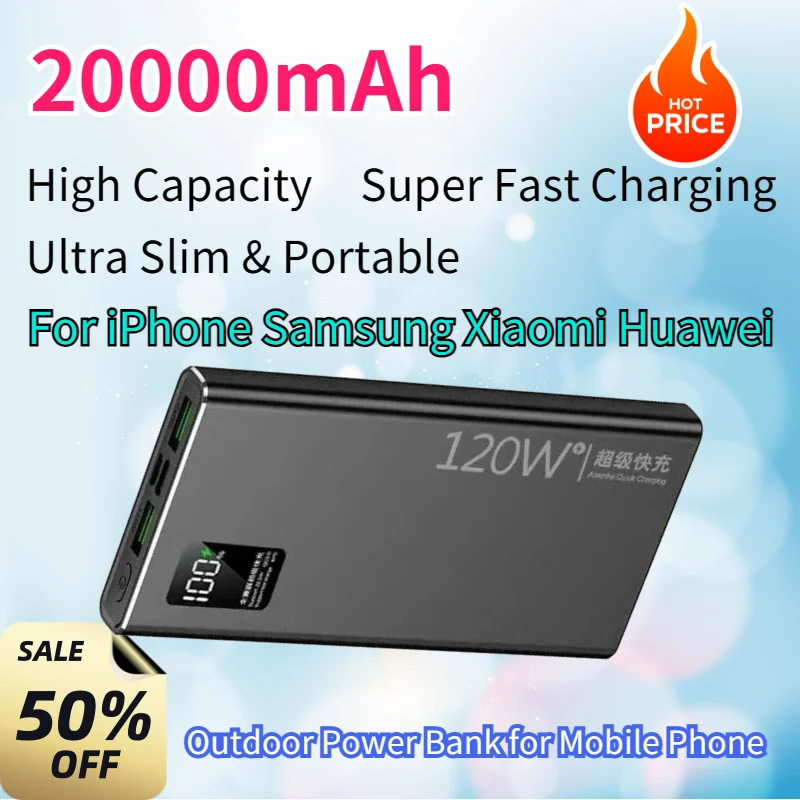 20000mAh Power Bank Super Fast Charging Ultra Slim Portable Outdoor for iPhone Samsung Xiaomi Huawei