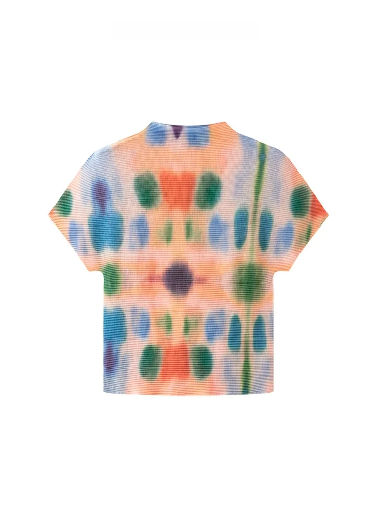 

Женская летняя новая футболка Slim Fit с коротким рукавом, принтованная, с воротником-стойкой, плиссированная, утягивающая, с узором в виде кукурузных початков, для повседневной носки