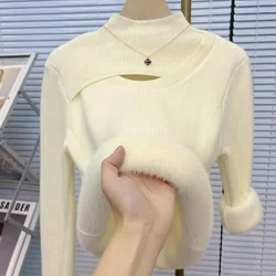 Korean Turtleneck Slim Thicken Knitted Pullovers Woman 2023 Winter Plus Velvet Sweater Casual Fleece Lined Warm Knitwear Tops