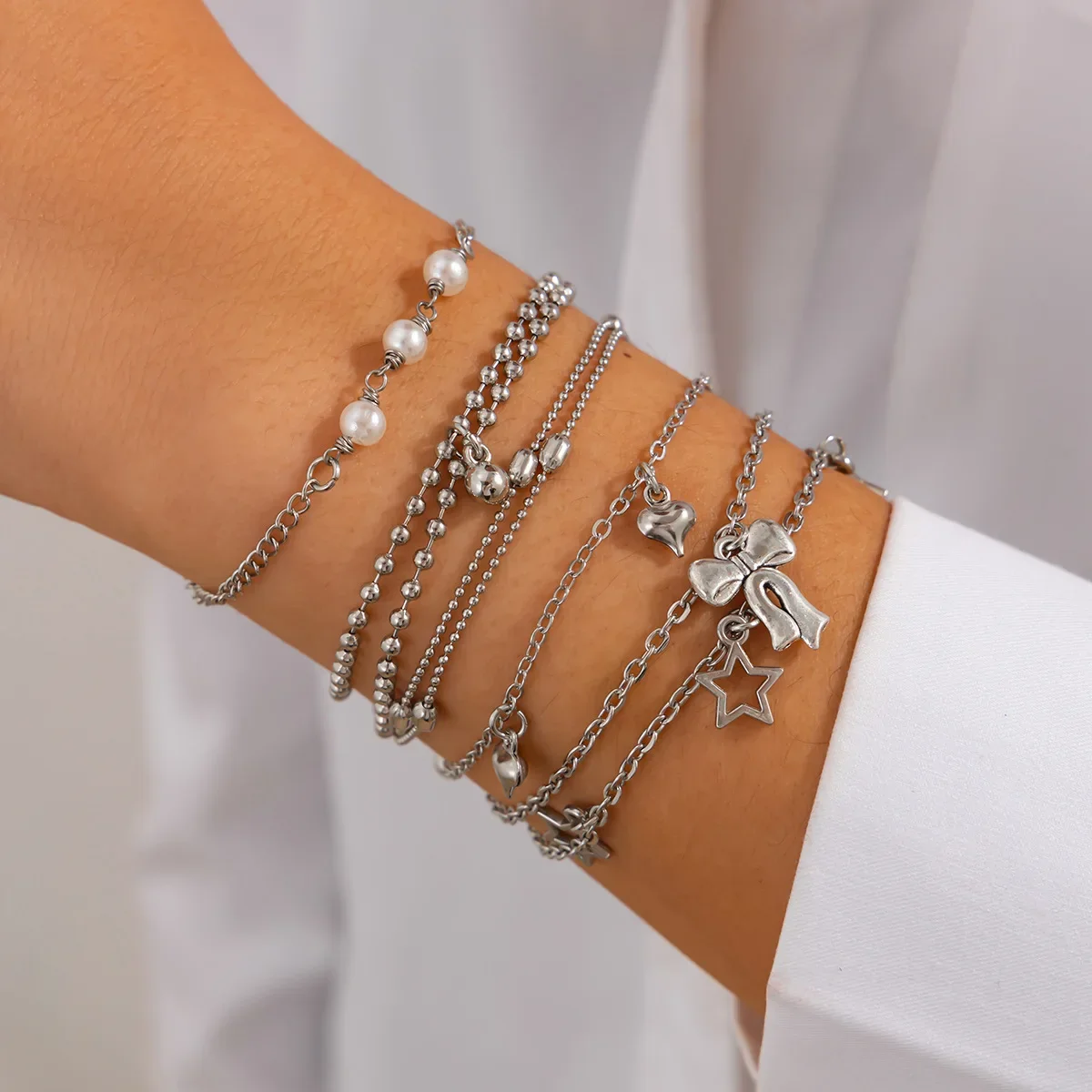 Pearl Bracelets Woman Accessories Bow Tie Stainless Steel Jewelry Bracelet Set Fashion Gift Women Kit Alloy Jewellery Chain Sets