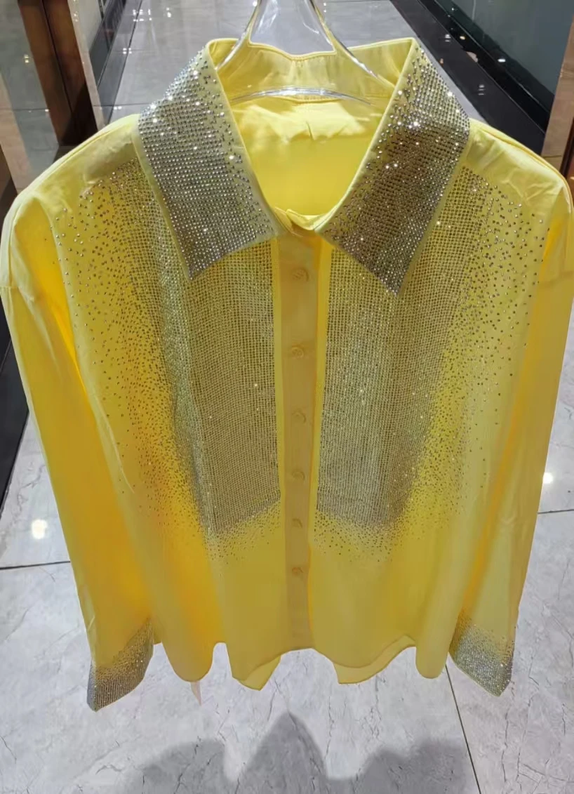 

Luxury Design Bling Diamonds Loose Cotton Yellow Shirts & Blouses for Women's Full Sleeve Shirt Woman Clothes Y2K Top