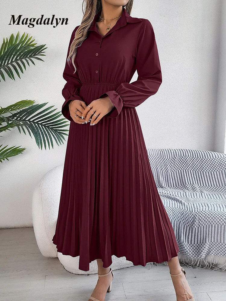 Magdalyn Women Button Long Dresses Fashion Autumn Winter Long Sleeve Lapel Neck Hight Waist Dresses Casual Office Pleated Dress