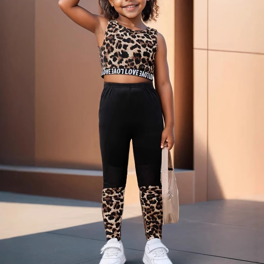 New 2025 Girls Summer Fashion Clothing Sets Baby Girls Sleeveless Leopard Letter Print Crop Tops + Pants Sports Suit