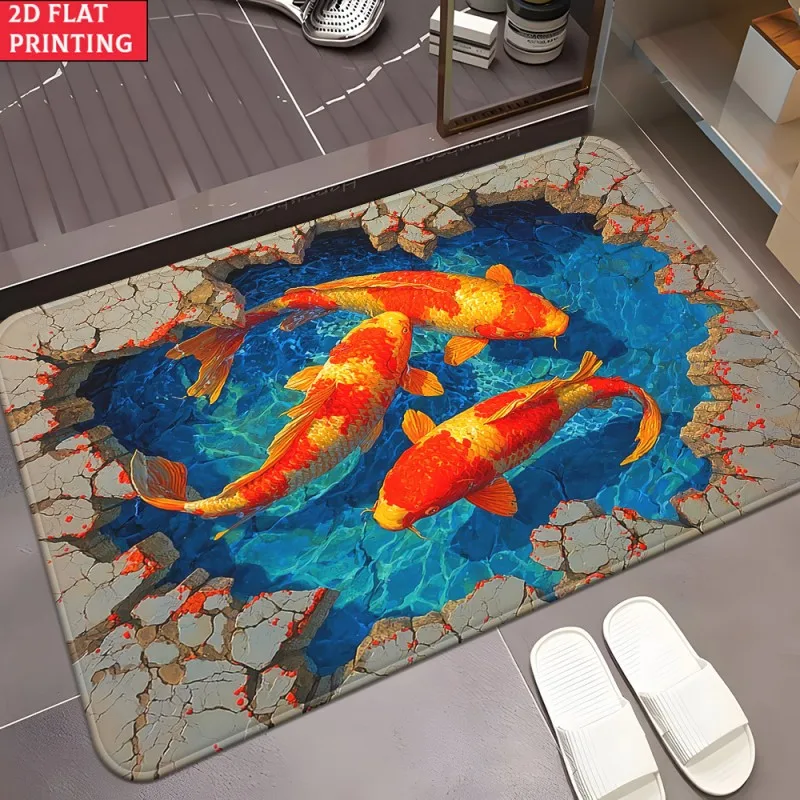3D Crack Ground Koi Fish Lucky Fortune Front Door Mat Non Slip Entryway Rug For Indoor Entrance Feng Shui Decor