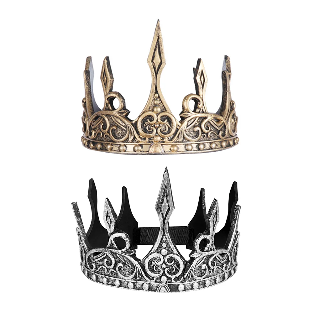 Diadema de corona Medieval real para hombre, corona de PU, tocado de Cosplay, decoración de fiesta (dorado + plata), 2 uds.