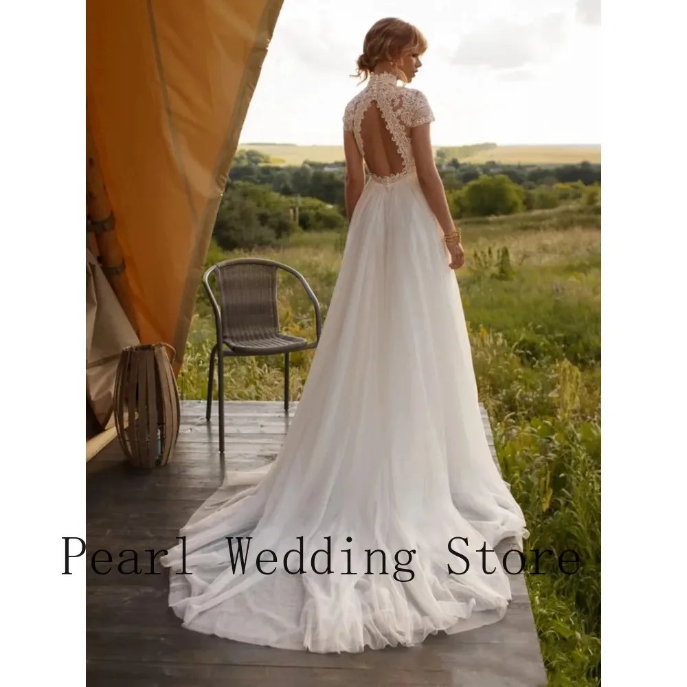 High Neck Lace Wedding Dress – Cap Sleeve Tulle A-Line with Train for Glamping Wedding Outdoor Garden & Rustic Country Ceremony