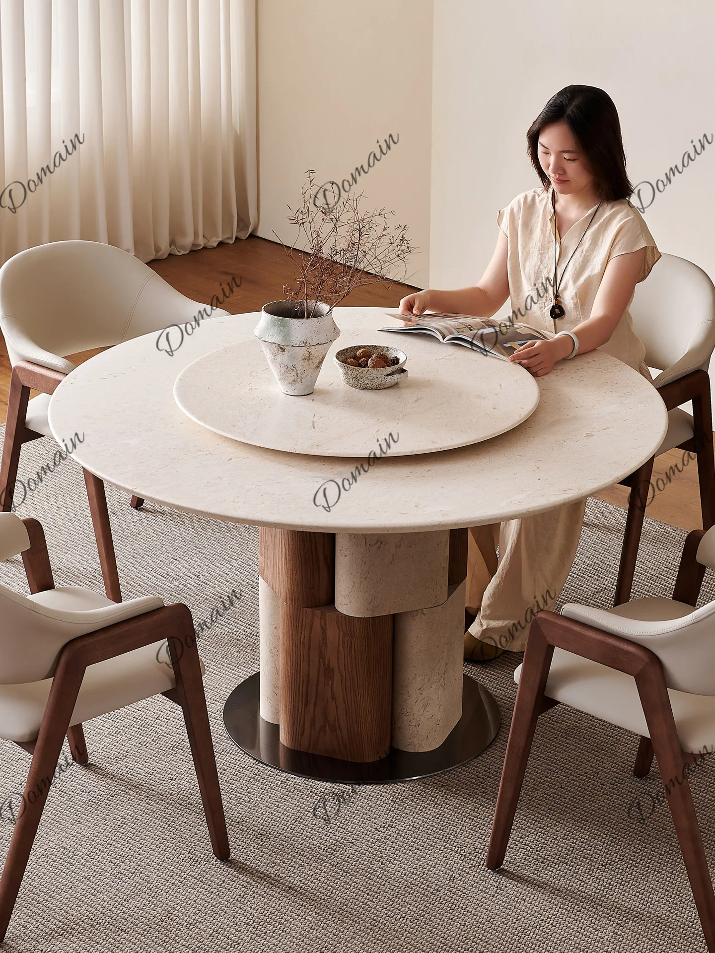 Round Stone Slab Dining Table with Lazy Susan 2026 New Mid-Century Luxury Natural Marble Kitchen Table for Home