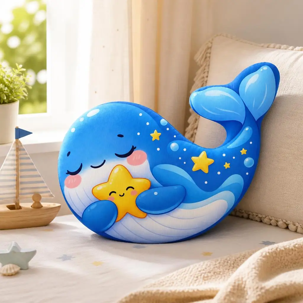 Cute Blue Whale Star Plush Pillow Ocean Nursery Cushion Teardrop Shaped Stuffed Throw Pillow Soft Kids Bedroom Decor Gift