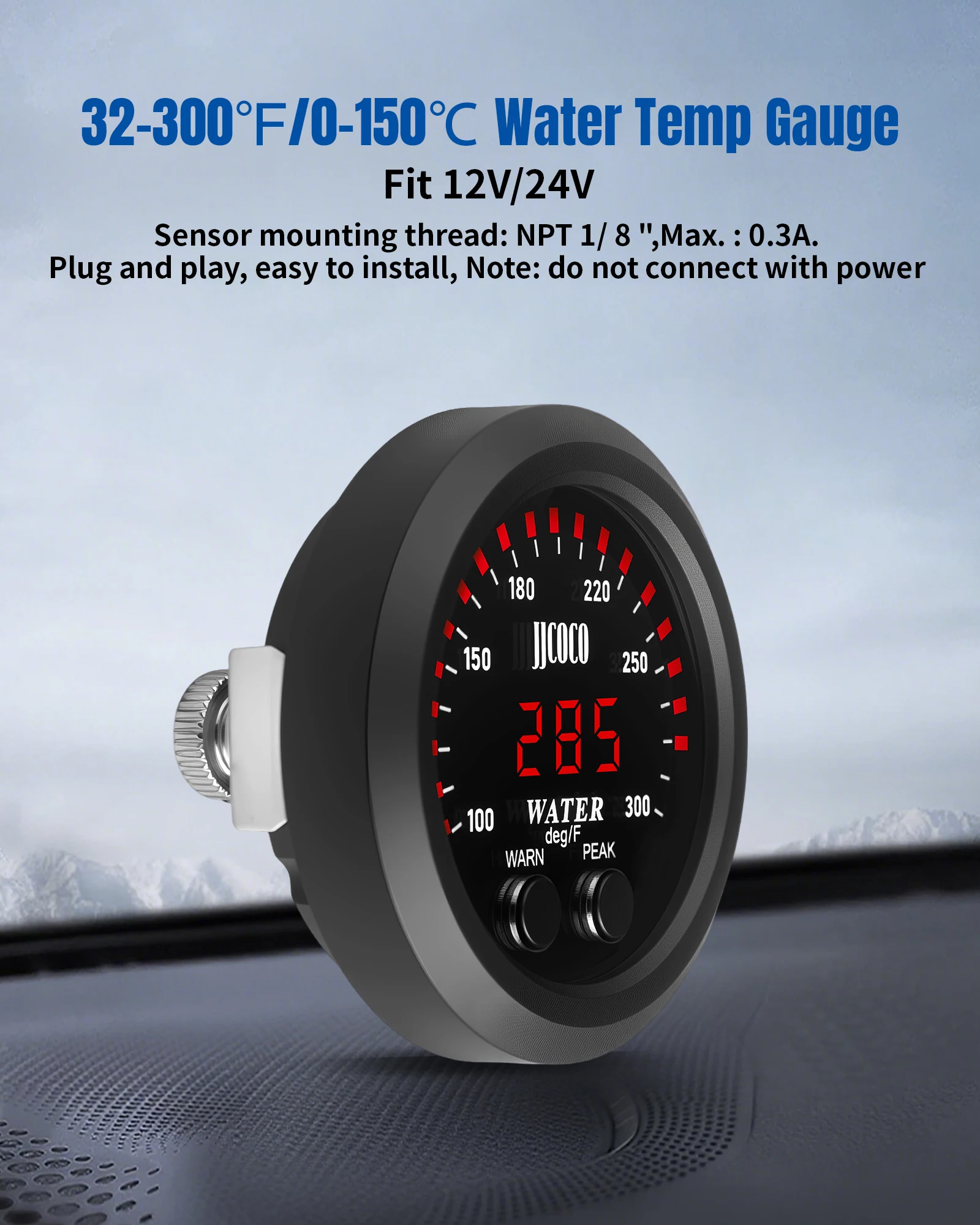 

JJCOCO - Medidor de Temperatura del Agua Redondo de 52 mm, 12/24 V, con Sensor de 1/8 Npt, Medidor Digital para Automóvil en Gra