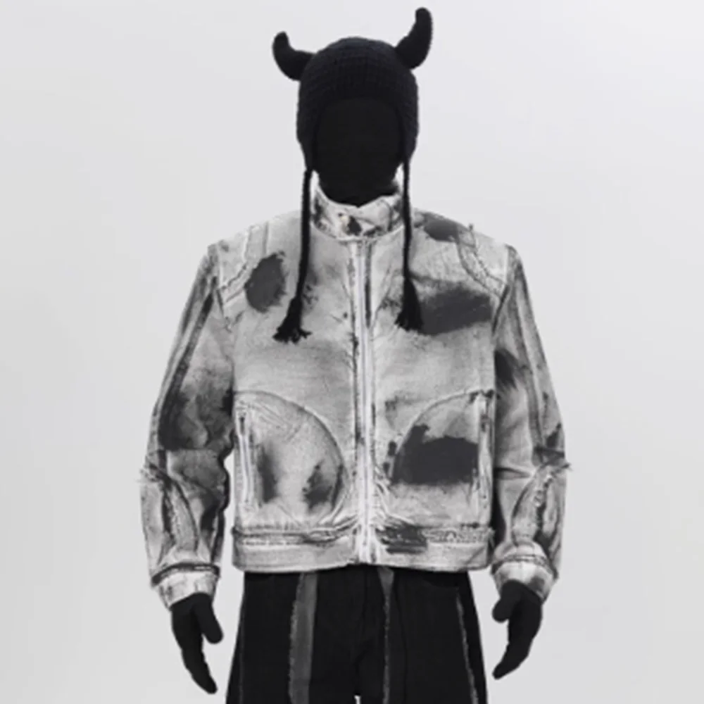 

MWJQ American Retro Texture Men's Denim Jacket Stand Collar Contrast Color Niche Design High Street Loose Male Tops 010218