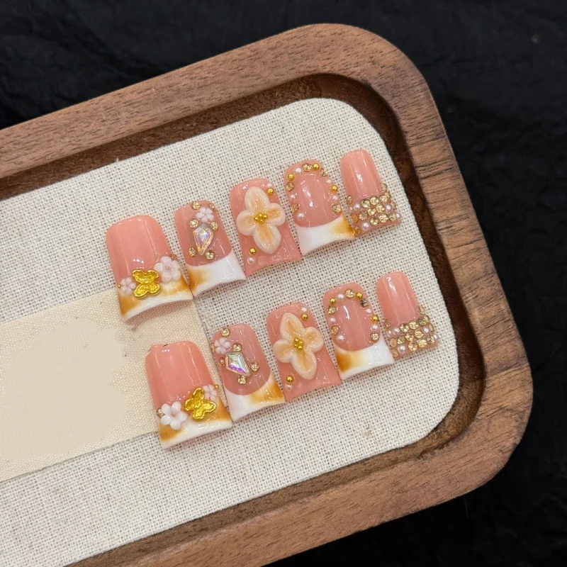 

10pcs Short Duckbill Press on Nails Orange Smudge French Flower Handmade Fake Nails Shiny Rhinestone Butterfly False Nails Tips