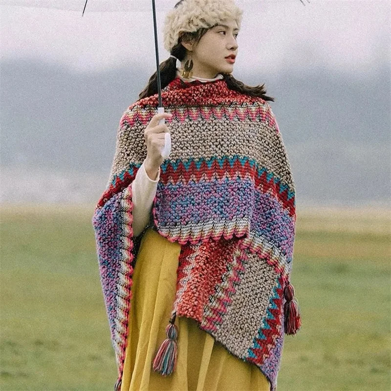 Ethnic Style Xizang Travel Wear Cape Coat Shawl Spring Autumn Winter Scarf Women Blanket Cloak Ladies Casual Wild Knitted Scarf