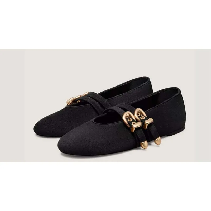 

Round-Toe Double Buckle Straps Mary Janes Casual Versatile Comfortable Flats Satin Black Casual Comfortable Slip-On Women Shoes