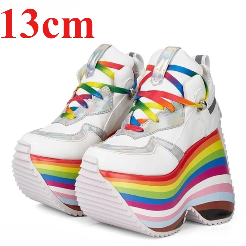 

Женские спортивные и повседневные туфли из натуральной кожи на толстой подошве 13 см, увеличивающие рост, в европейском/американском стиле, с радужным дизайном