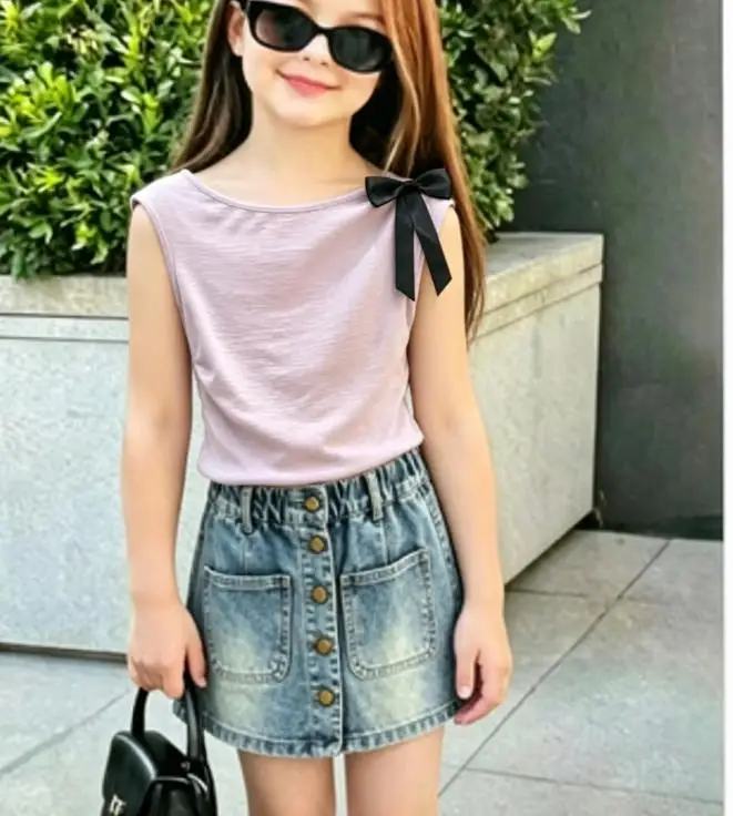 children's irregular pleated waist  short sleeved T-shirt for'summer sweet bow splicing sleeveless top