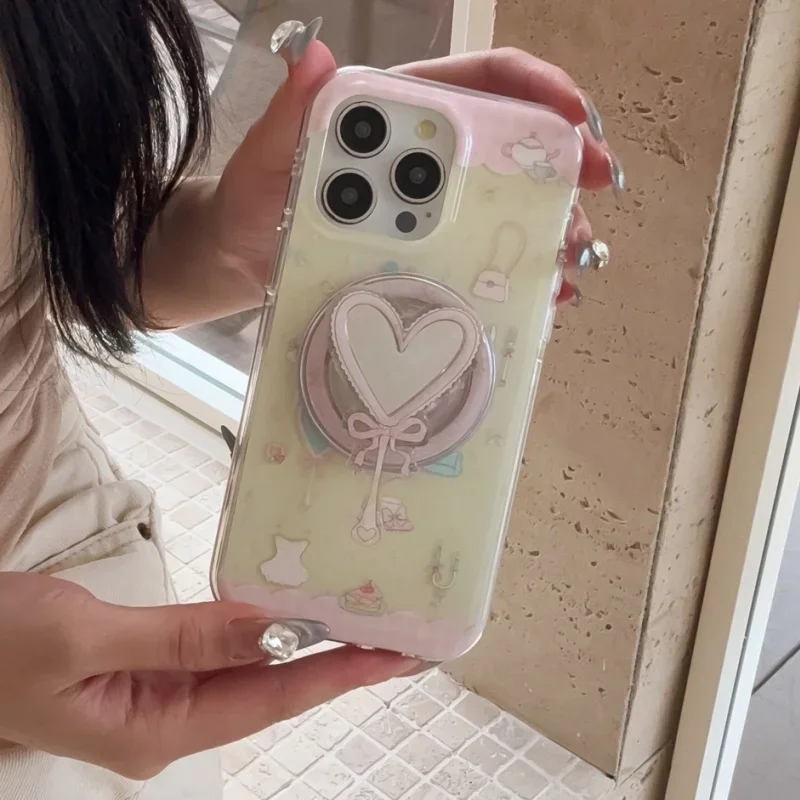 

Новое корейское милое зеркало для макияжа с 3D сердечком для Magsafe Griptok, держатель для телефона, подставка для кольца на палец, поддержка IPhone 16, кронштейн для девочек