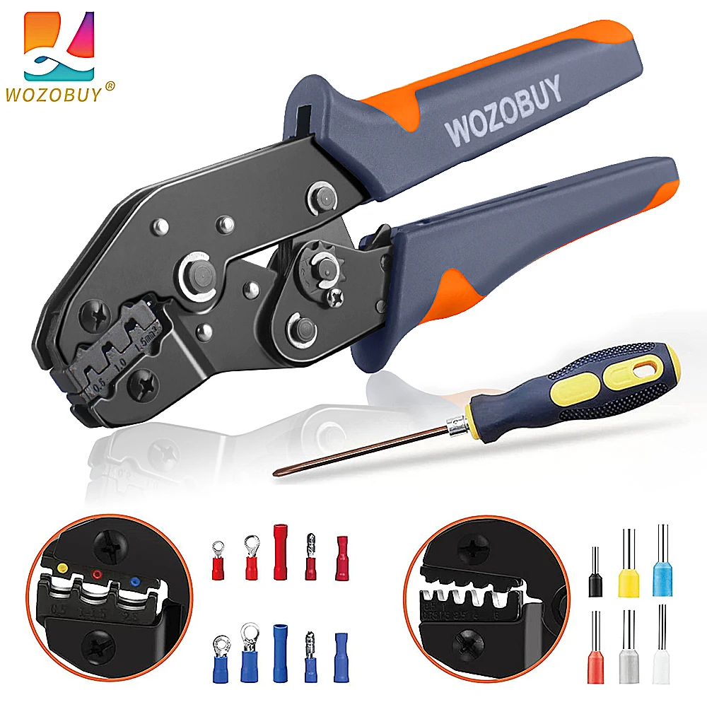 WOZOBUY Crimping Tool Set Ratcheting Wire Crimper Tool, Interchangeable Dies,for Non-Insulated, Insulated, Ferrule Terminals