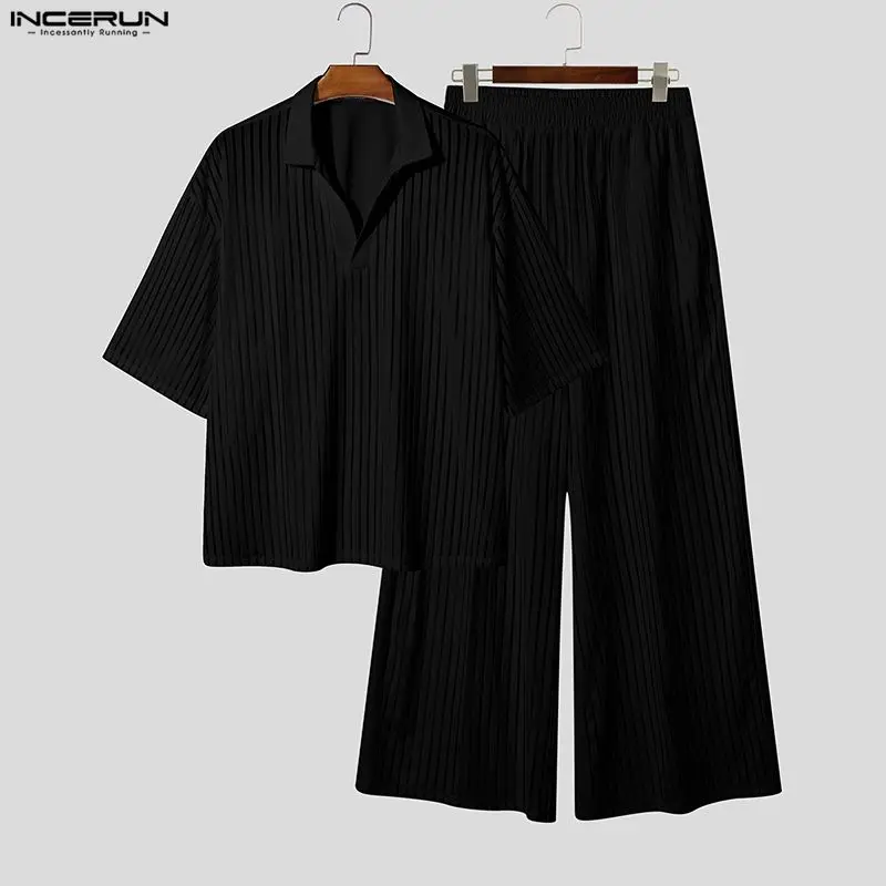INCERUN Men's Sets Striped Mesh See Through Lapel Short Sleeve Shirt Pants Two Piece Sets Streetwear Fashion Men Matching Sets - view 5