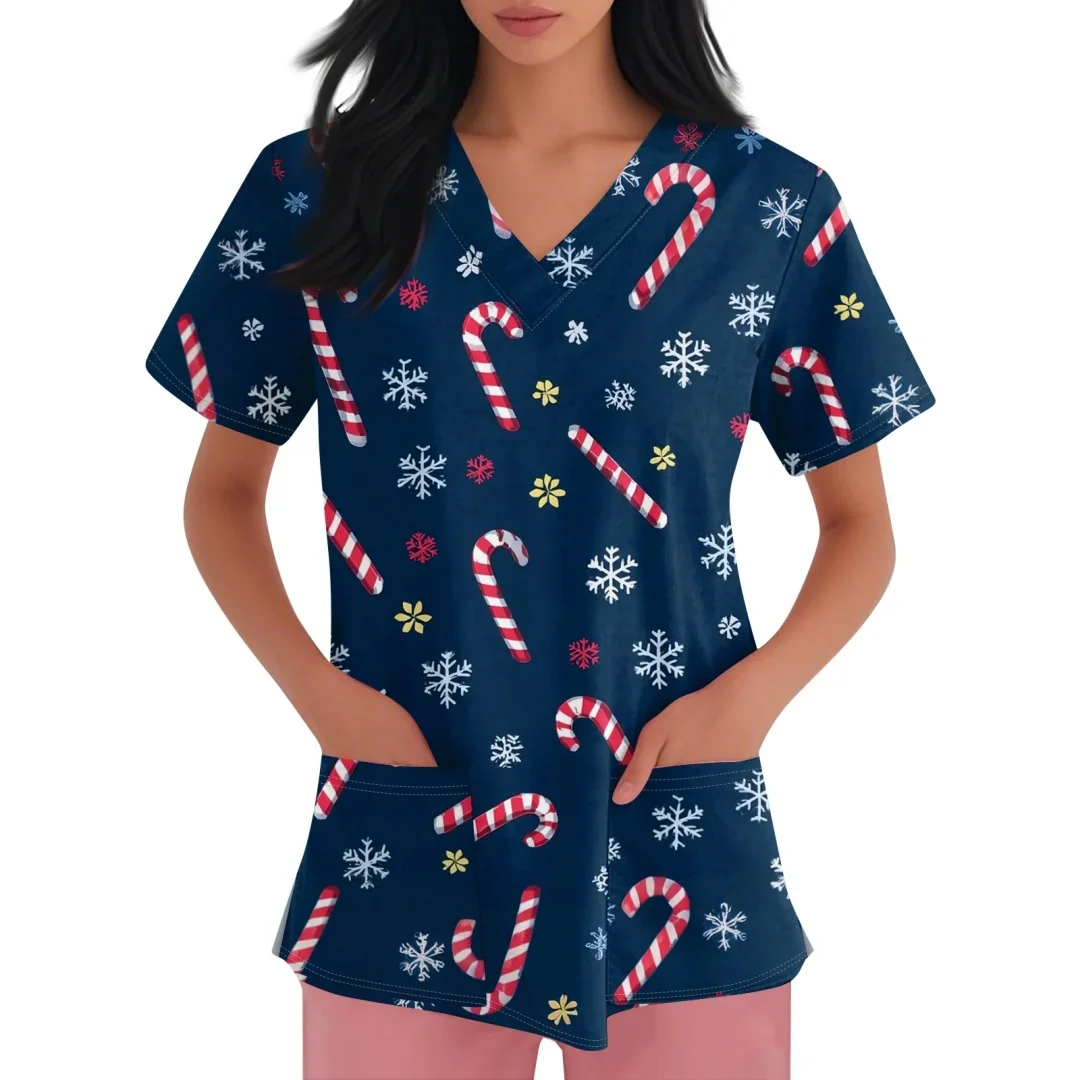 Nieuwe Sanitair Uniform Vrouw Kerstcollectie Print Modieuze V-hals Korte Mouw Hoge Kwaliteit Medische Uniformen Dames Top