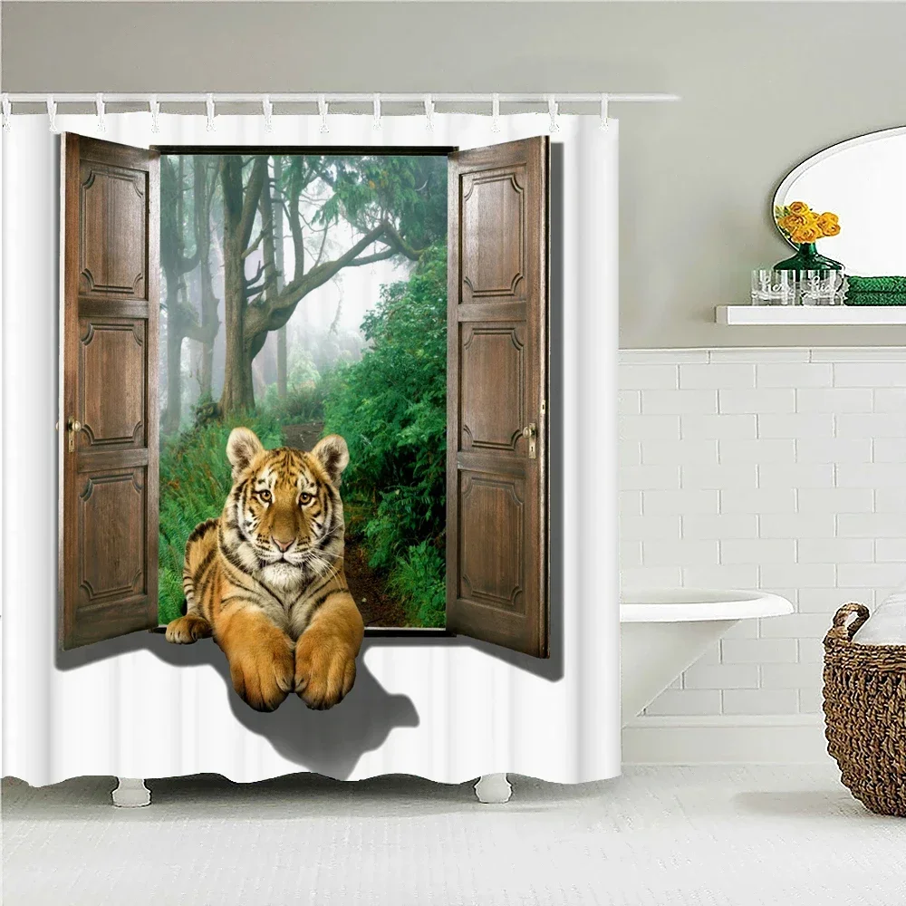 Funny Animal Shower Curtains Tiger Cat Dog Elephant Horse Bath Curtain Waterproof Fabric 180X180cm Bathroom Decor With 12 Hooks