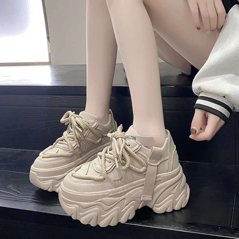 

Chunky Sneakers Women's 2024Autumn Fashion 8CM Platform Casual Shoes Ladies Stylish White Lace Up Vulcanize Shoes Tenis De Mujer