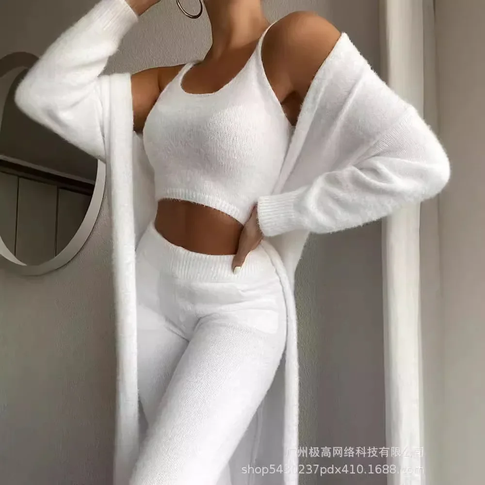 3PCS Fuzzy Crop Tank Top & High Waist Loungewear Pants Set Women Solid Color Home Wear