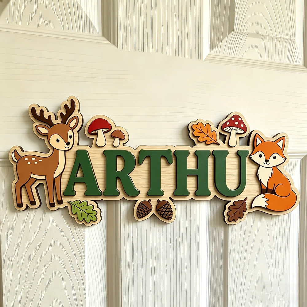 Personalized Deer & Fox Name Sign for The Dearest Baby, Cute Green Themed Woodland Kids Room Decor