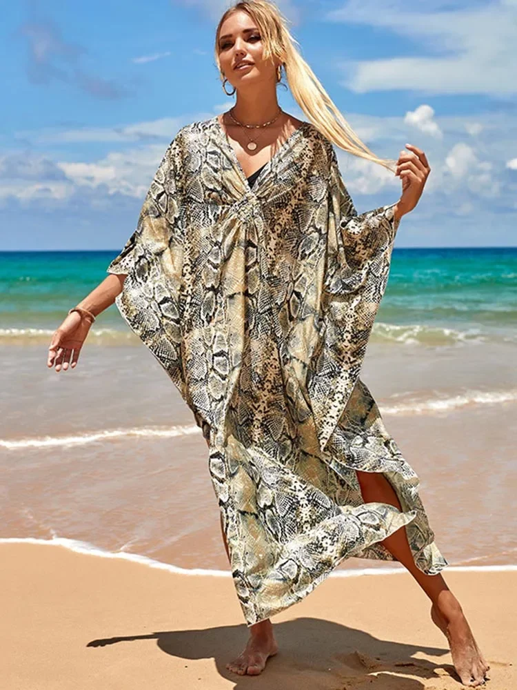 2025 nuevo vestido playero a rayas de cebra para mujer, bata con cuello en V, vestido largo elegante de talla grande para playa, traje de baño a la moda, ropa de playa para cubrir