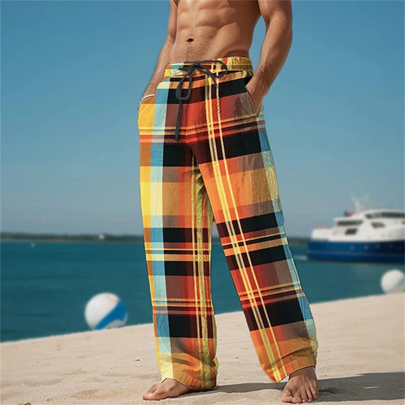 

Men's Plaid Print Wide-Leg Pants Classic Vintage Summer Casual Trousers Stylish Outdoor Relaxed Fit Pants Drawstring Design