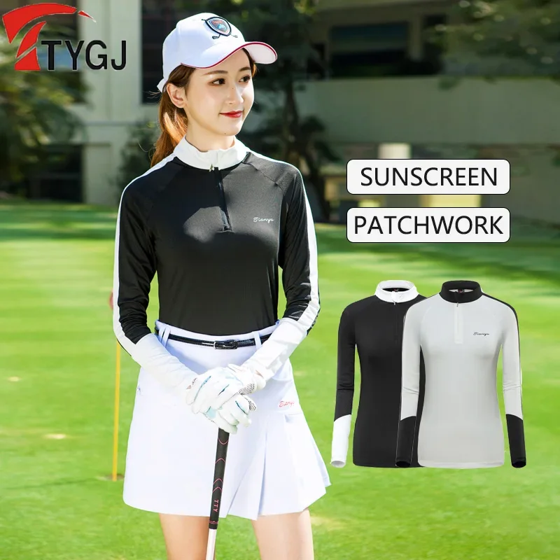 TTYGJ Golf Apparel for Female Sun Protection Golf Shirt Ladies Breathable Jersey Long-sleeved T-shirt Zipper Collar Blouse S-XXL