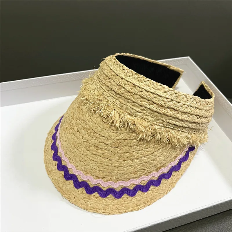 

Summer Sweet Beach Travel Raffia Straw Woven Empty Top Hat Women's Hat Casual Embroidered Short Brim Hat